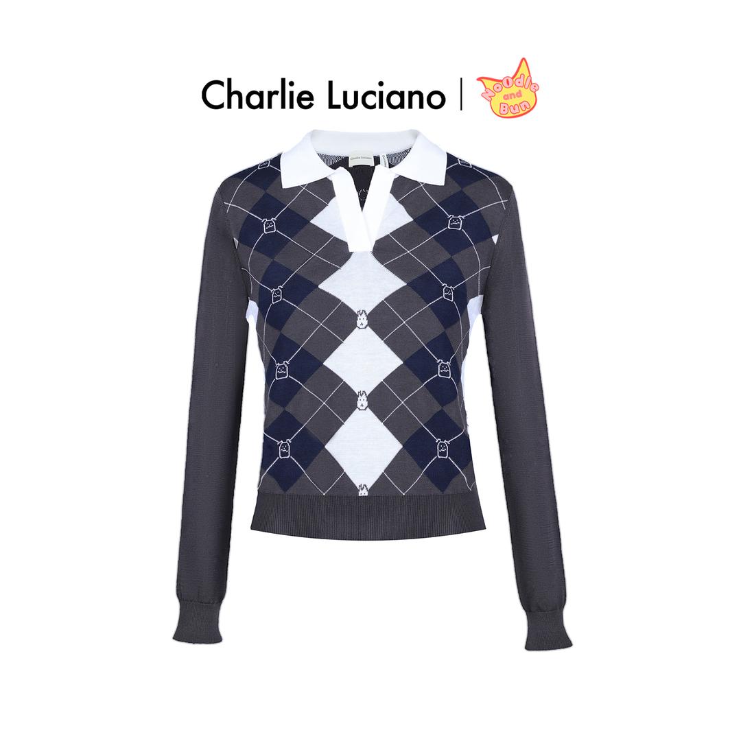 CharlieLuciano新款面条和面包联名针织polo衫修身时尚长袖上衣女