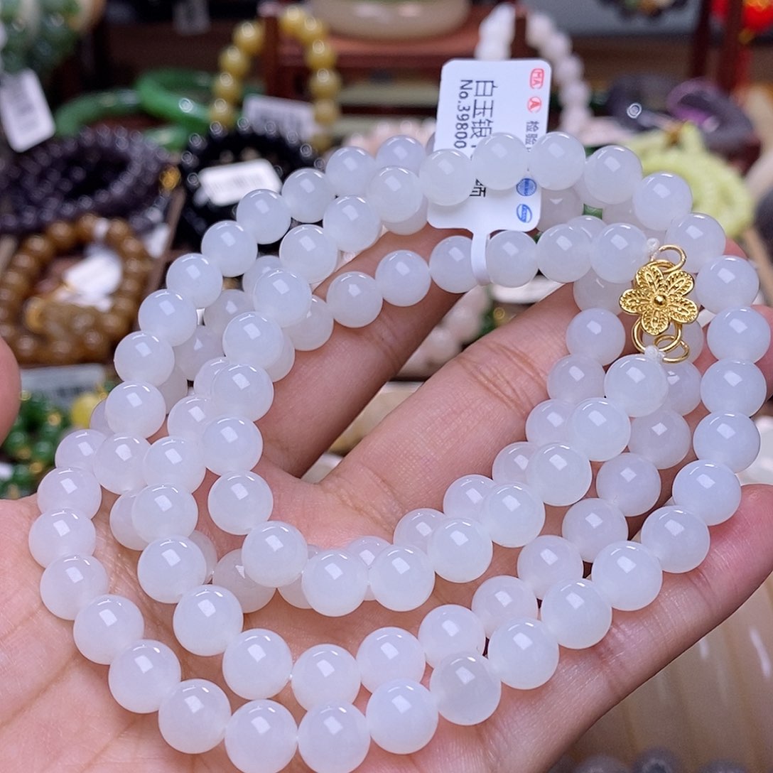 和田玉未镶嵌颈饰毕业级新疆羊脂白玉珠链8m