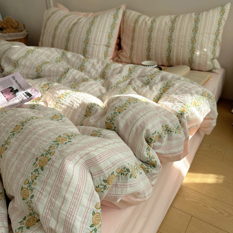 in花卉床上四件套全棉纯棉色织提花被套被罩床单床笠款床品4