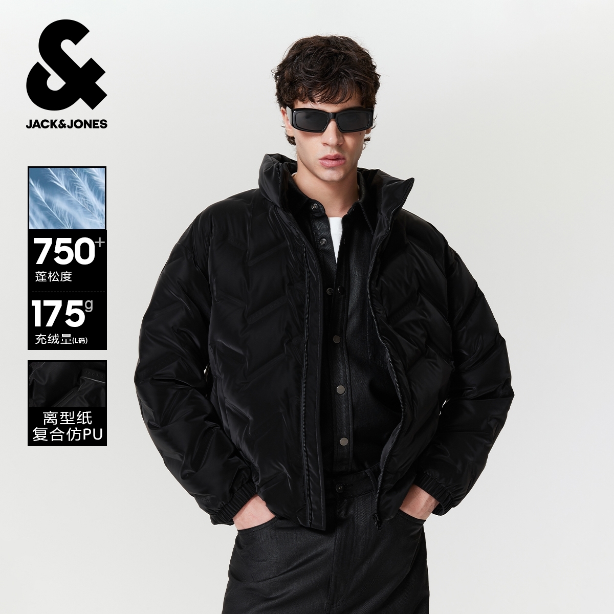 【无缝压胶光泽感离型纸复合仿PU】杰克琼斯男士立领羽绒服外套黑色