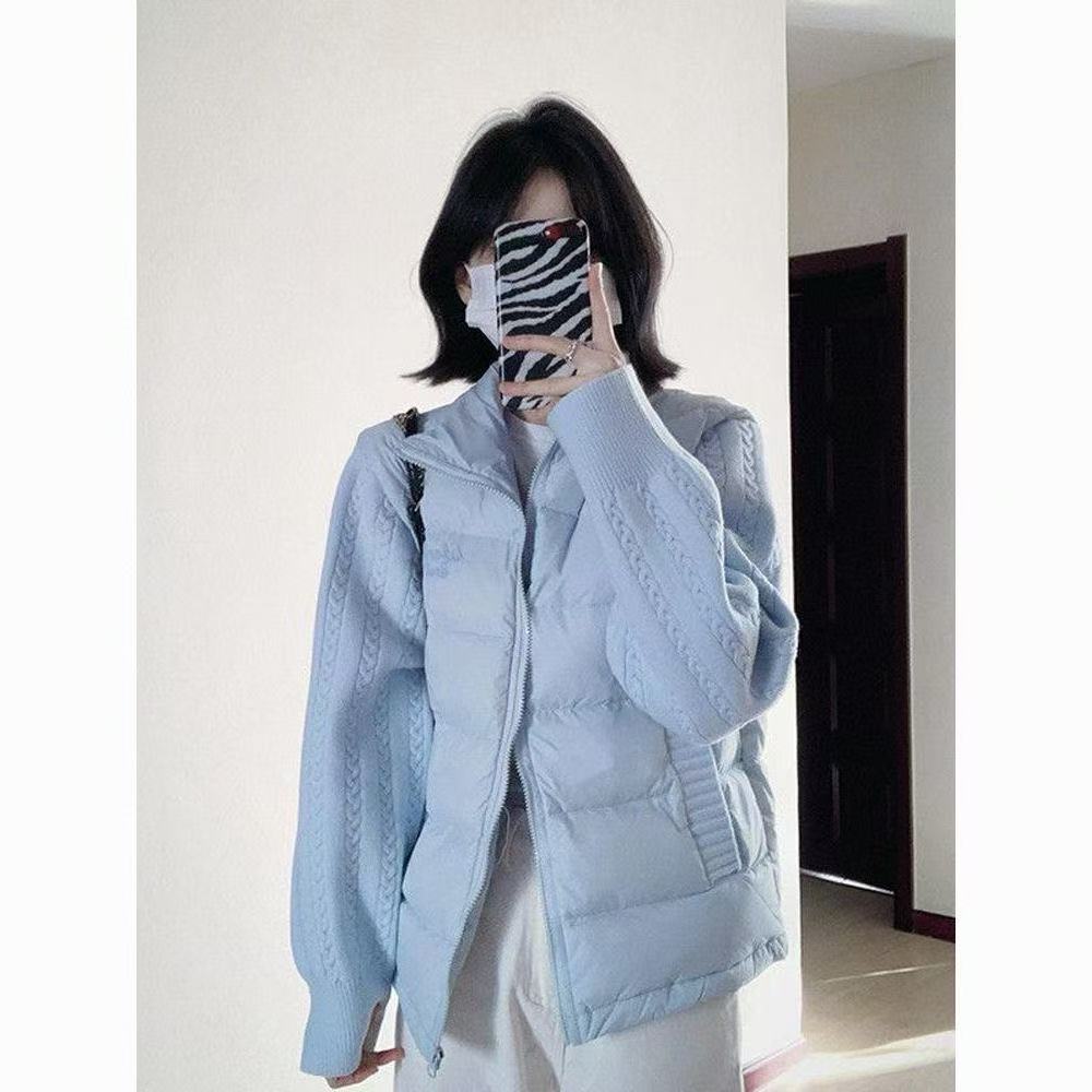 韩版温柔风蓝色麻花针织拼接设计棉服设计感字母刺绣薄款棉衣外套