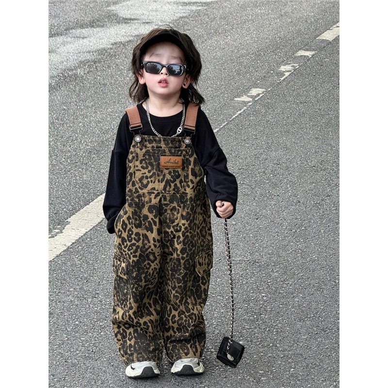 潮版豹纹加绒工装背带裤