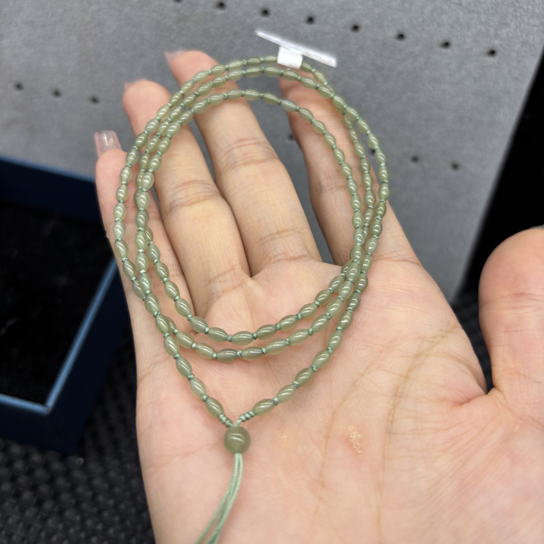 精美天然和田玉冰晴水米珠2.8mm玉石挂坠绳项链毛衣链长链百搭款