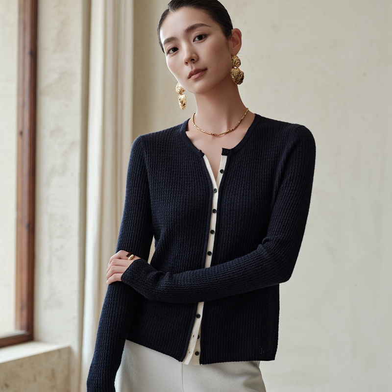 纯山羊绒女士薄款针织开衫长袖百搭秋冬修身羊绒衫