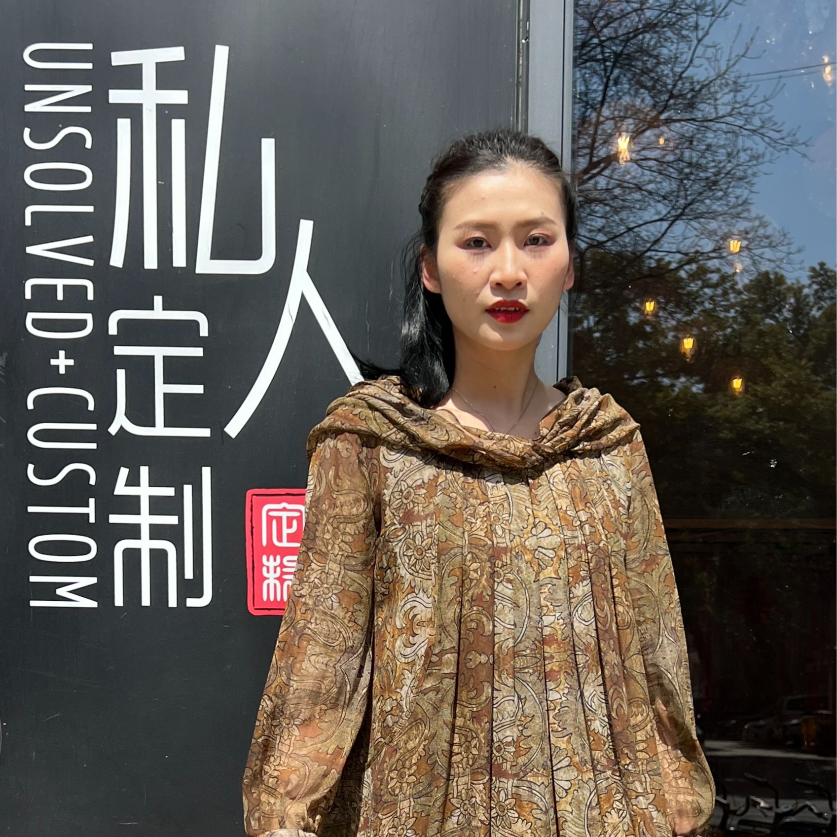 UNSOLVED CUSTOM/未解炒色腰果花双纱乔其纱戴帽夏季长款连衣裙