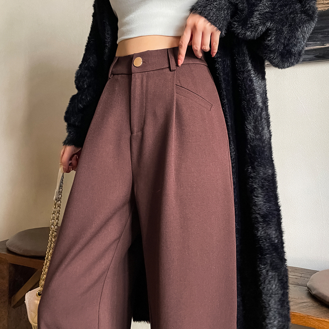 大码红色高级感窄版西装阔腿裤女春秋新款高腰垂感显瘦直筒拖地裤