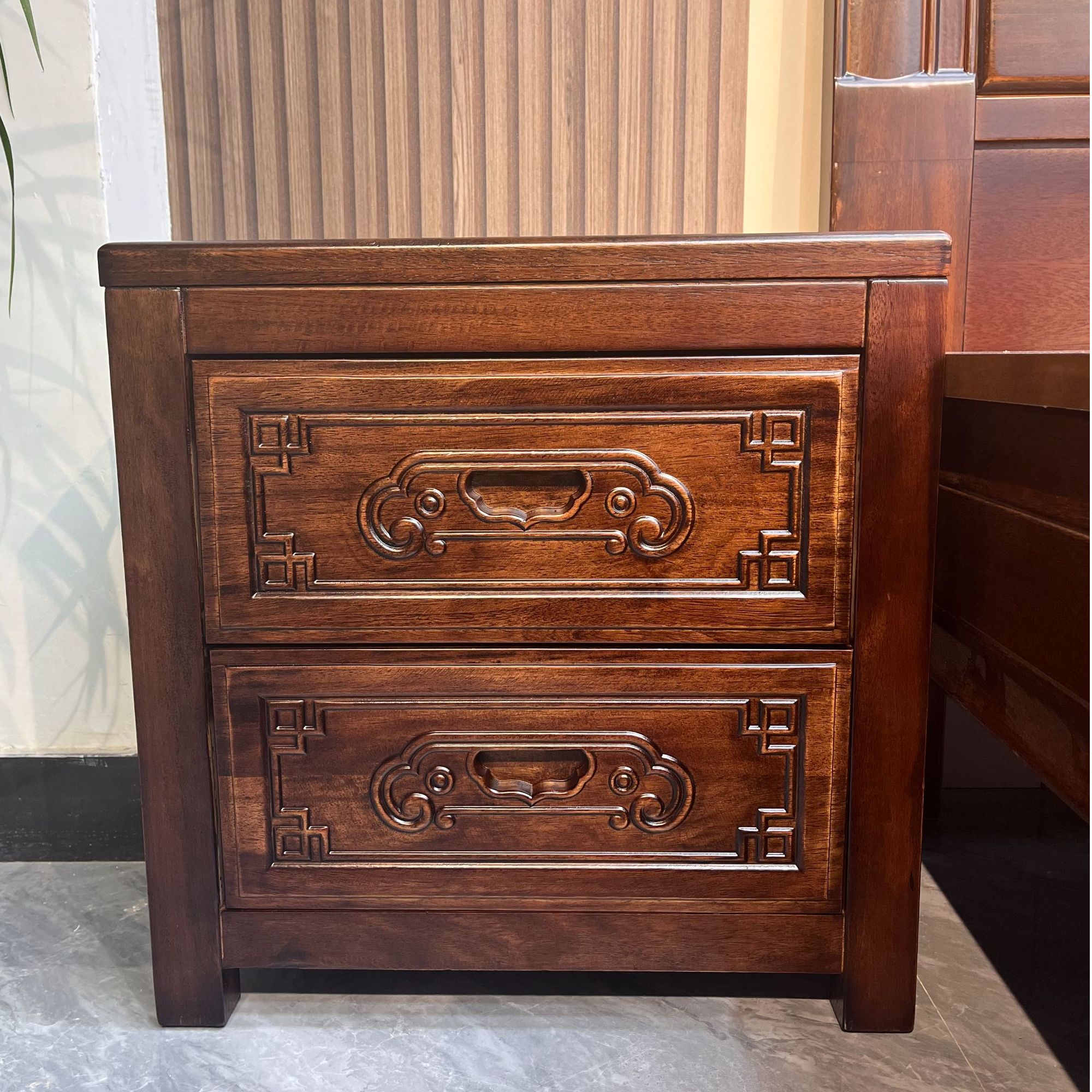 中式实木床头柜简约现代卧室储物收纳柜仿古雕花复古抽屉式斗柜