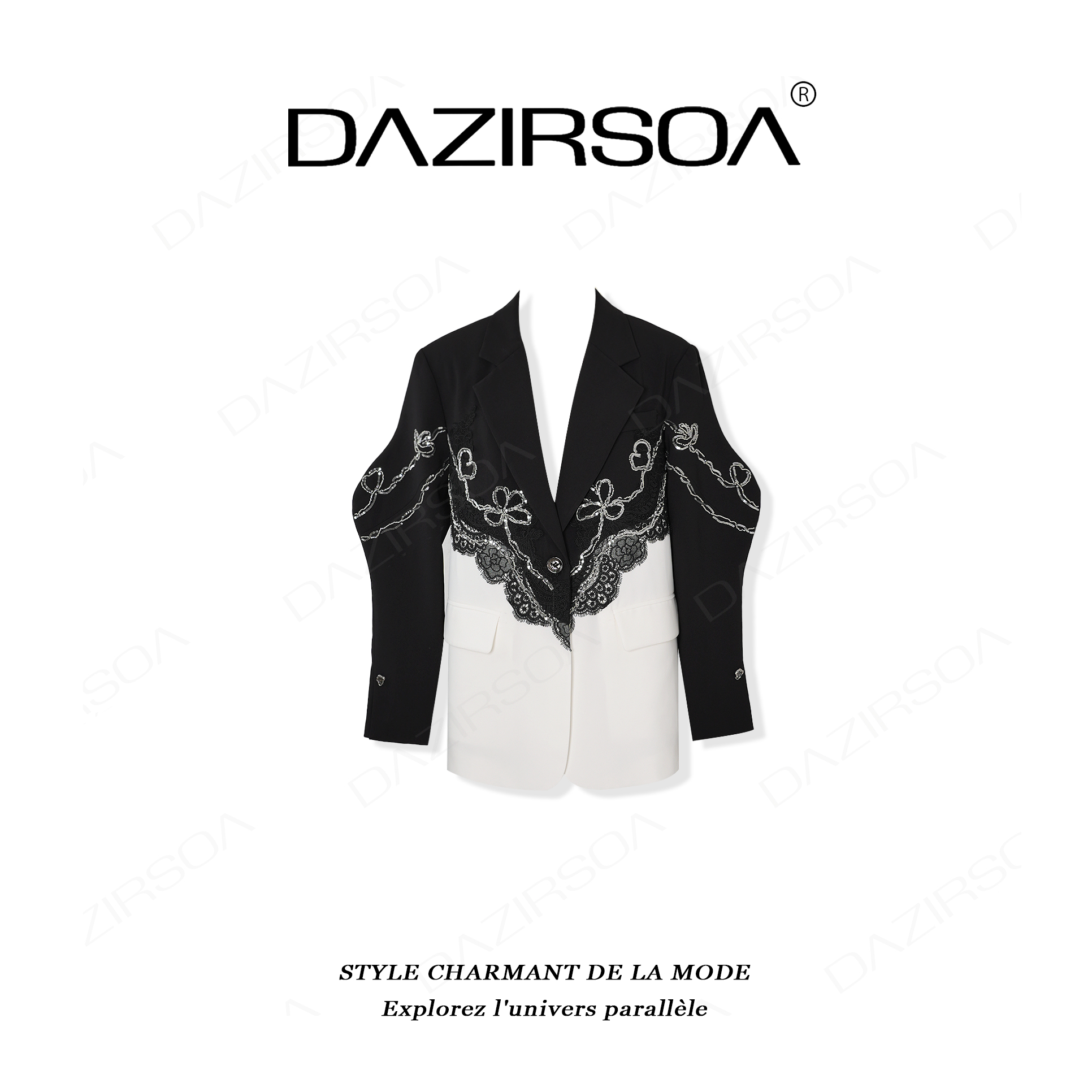 DAZIRSOA/达姿“对立碰撞”时尚百搭法绣蕾丝黑白西装外套 AA379