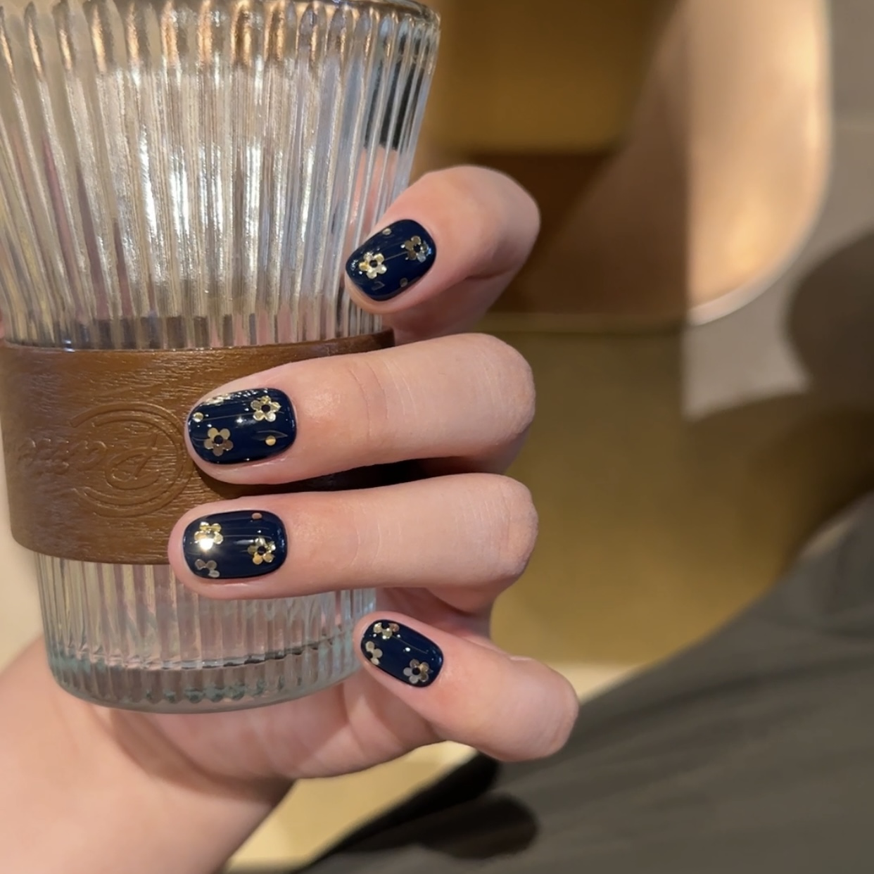 【普蓝花花】逗逗轻奢美甲手绘烫金花花深蓝显白可拆卸纯手工穿戴甲