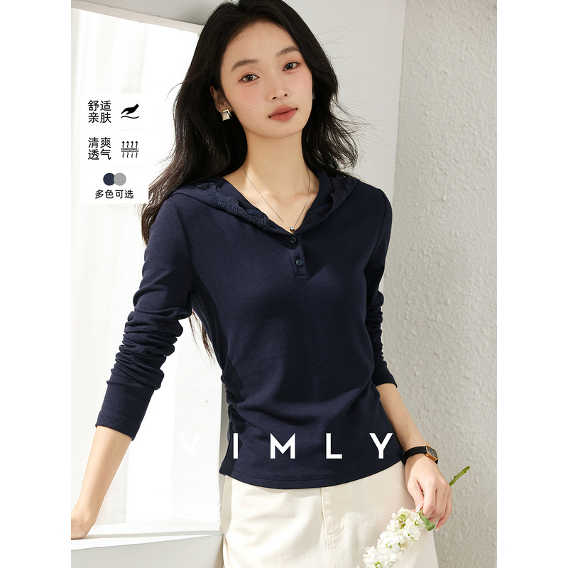 M梵希蔓花边连帽花灰色长袖t恤女秋季修身显瘦打底衫上衣A1985