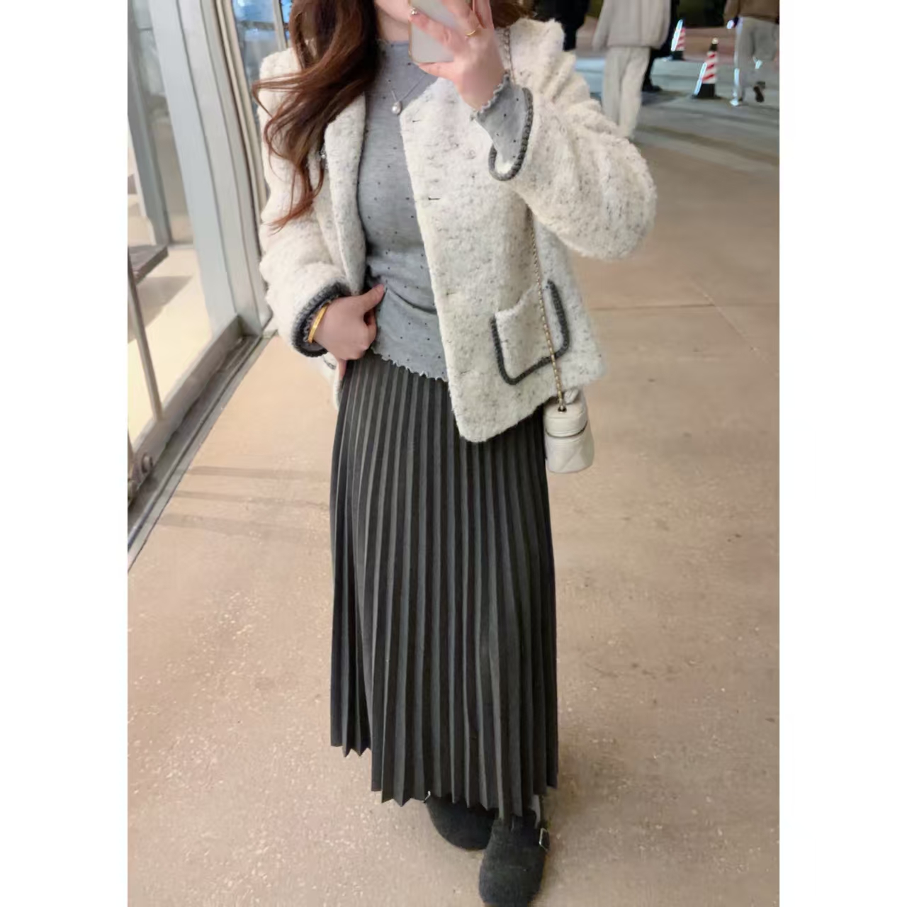 MuMu韩系灰色高腰A字垂感百褶半裙WP10632