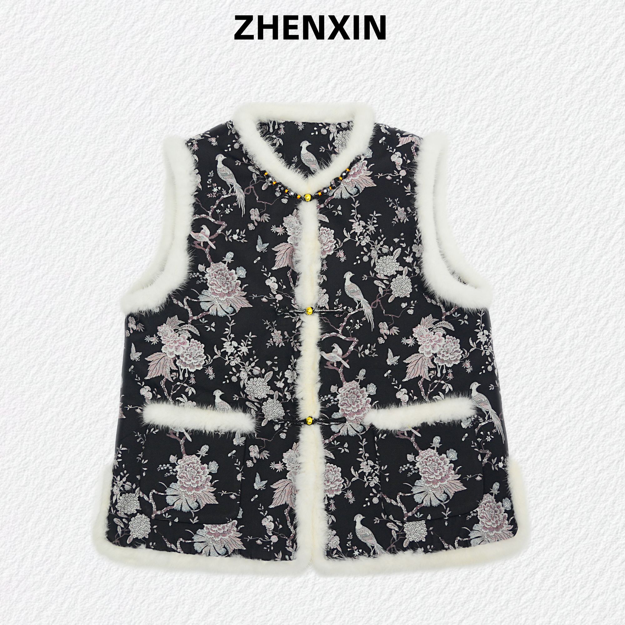 【芙蓉锦鸡】上久楷宋锦水貂毛马甲新中式国风上衣秋冬真丝