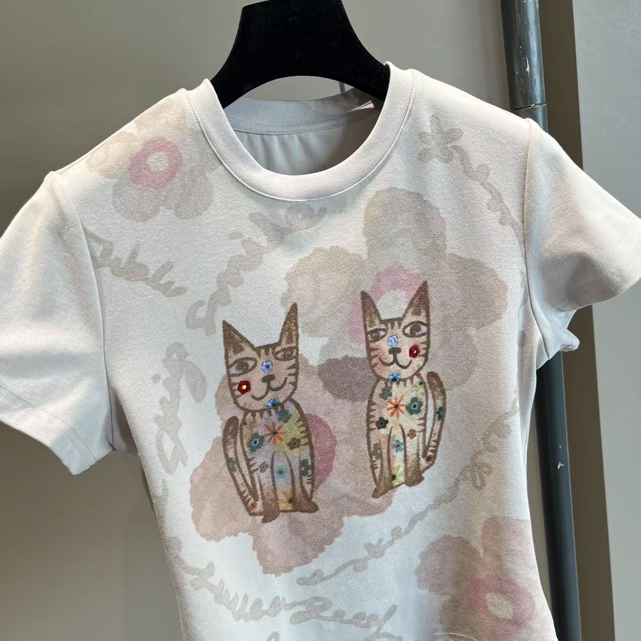 W3428夏款新款两只卡通猫咪印花圆领短袖修身百搭T恤上衣