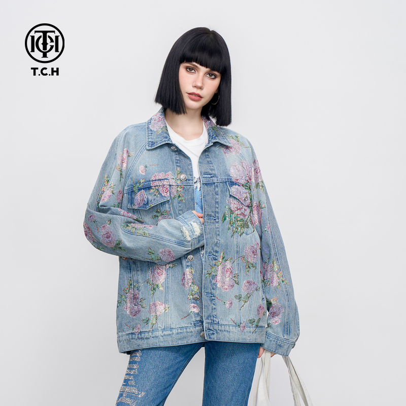 TCH轻奢烫钻工艺美式复古花卉重工仔外套T75A068001私服tch