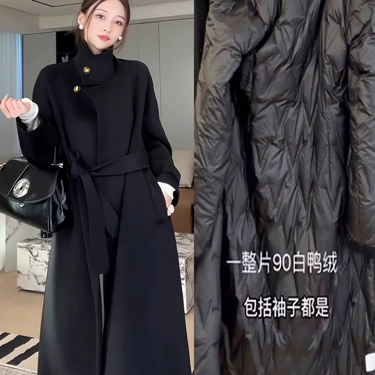 黑色白鸭绒毛呢外套女中长款2025秋冬季新款加厚赫本风呢子大衣