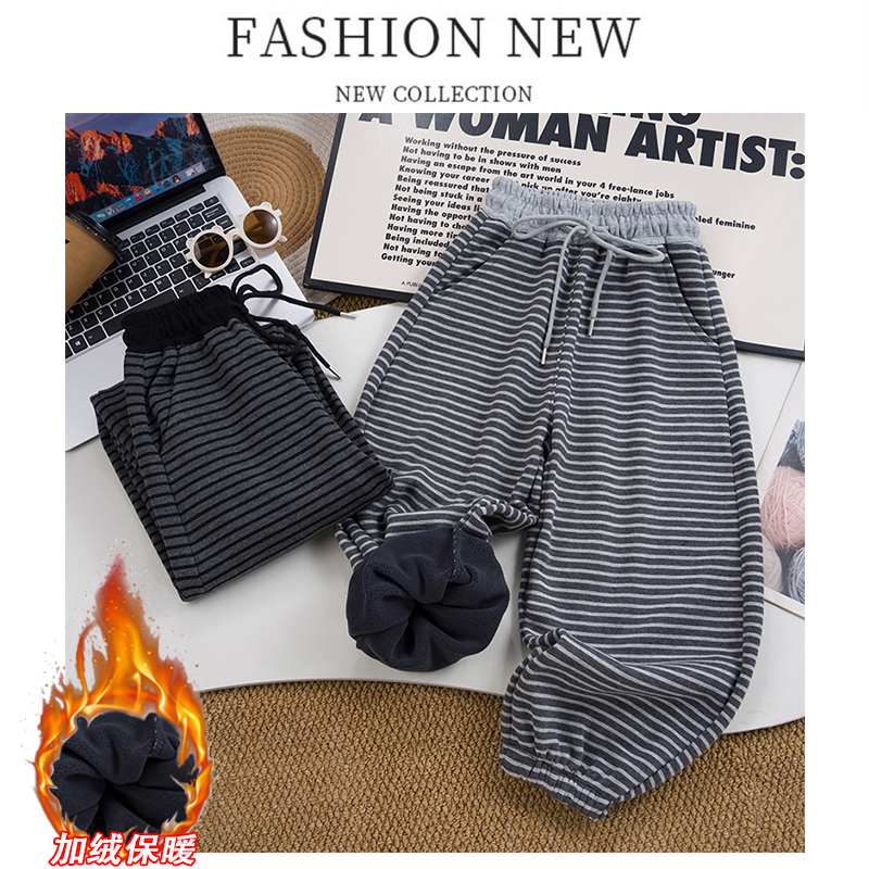 【500克加绒】条纹运动裤宽松舒适皮筋口束口保暖-亲萌鱼-8848