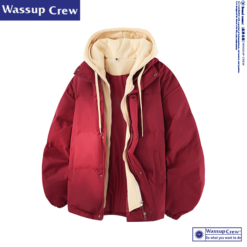 WASSUP CREW美式假两件连帽羽绒服男款冬季新款宽松保暖羽绒外套