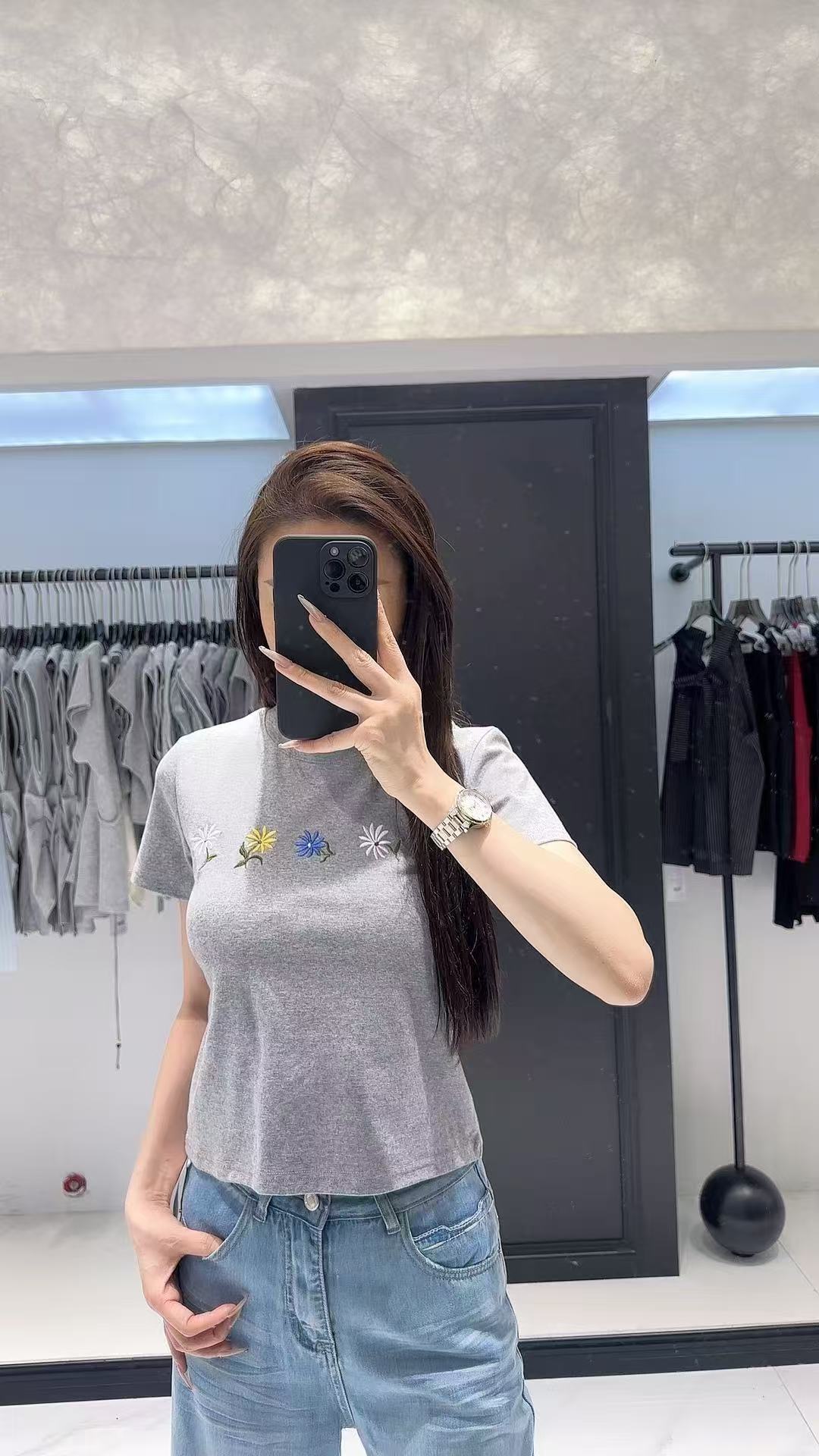 修身型常规抗皱时尚通勤T恤短袖韩版简约刺绣印花