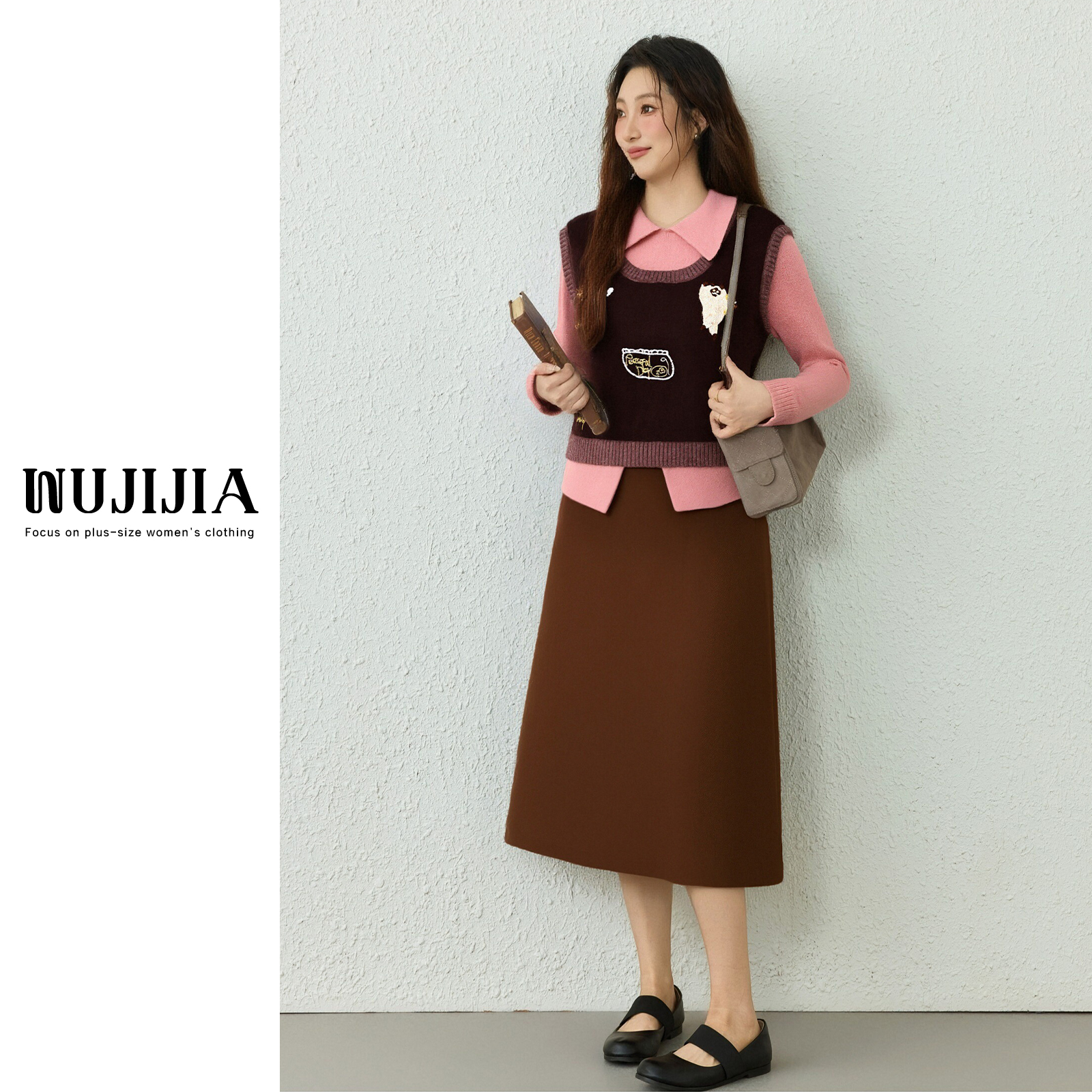 五季家大码针织冬款ZL114129上衣搭配ZL110490黑色咖色半裙思思