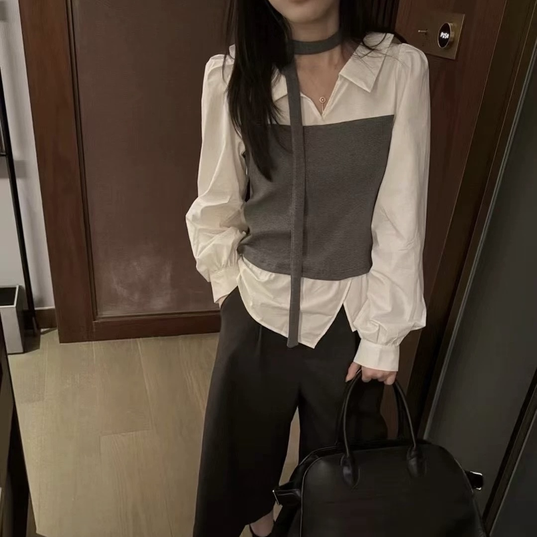 韩系假两件一字肩上衣女春秋季新款设计感蝴蝶结长袖T恤
