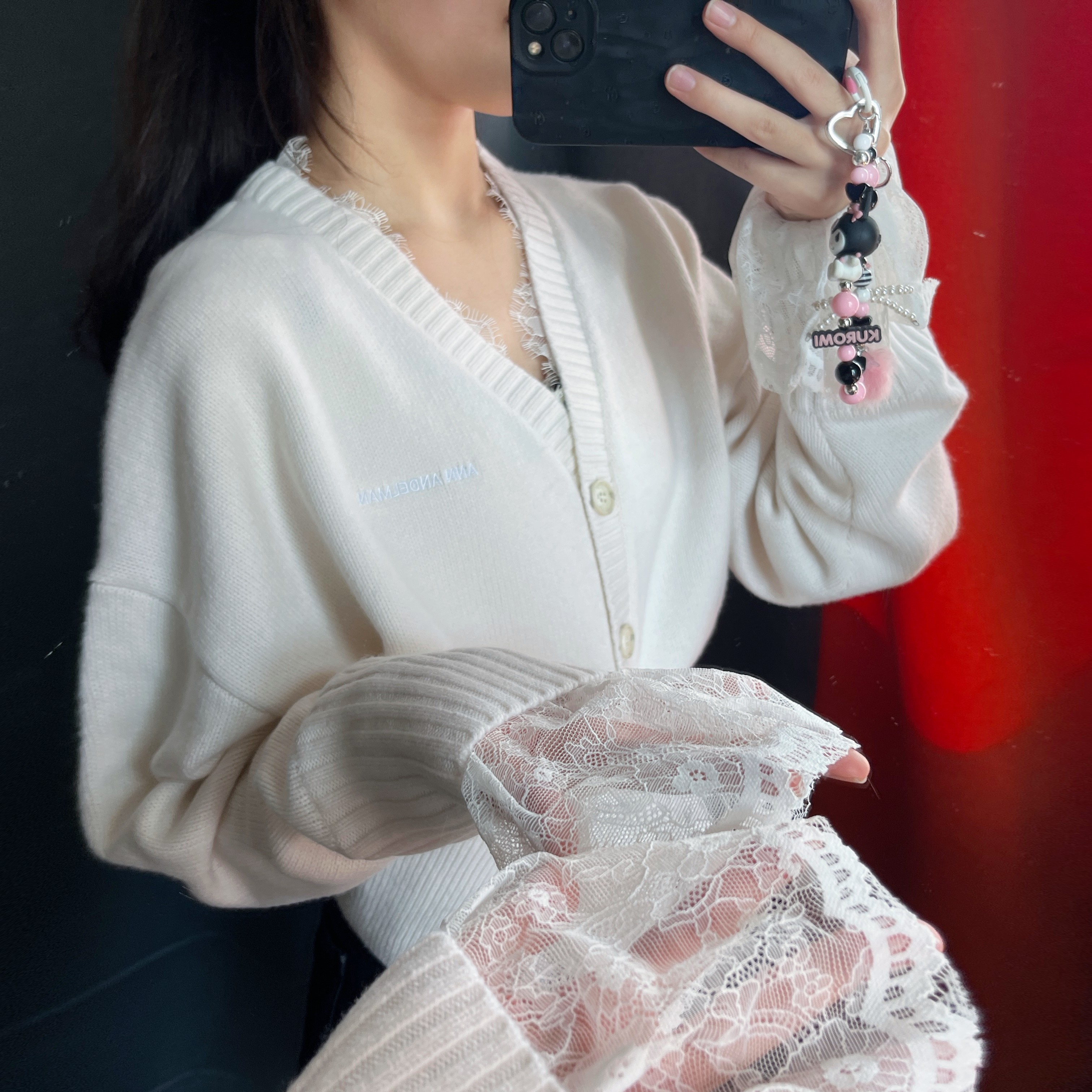 AN家顶版秋冬季百搭针织上衣收腰绣花蕾丝上衣女时尚温柔针织衫