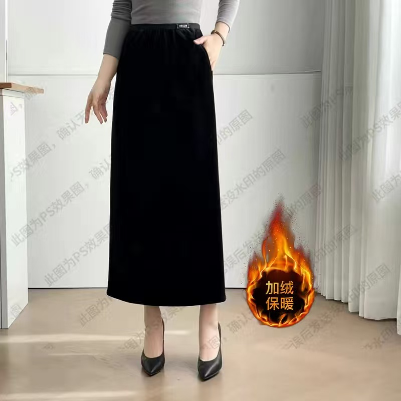大码女装高档丝绒新款高腰高弹遮肉遮胯加绒加厚保暖显瘦半身裙
