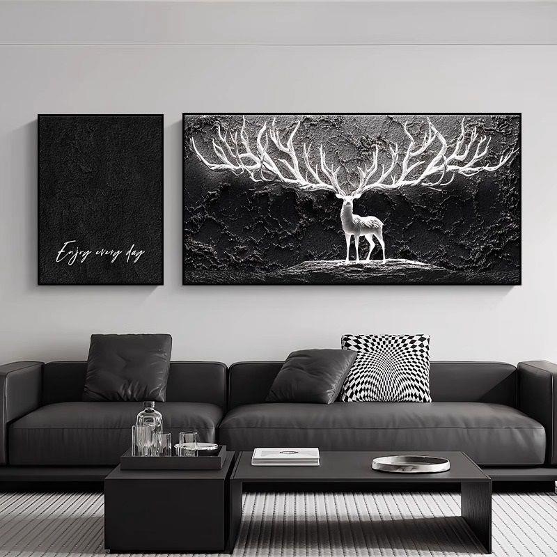 客厅装饰画轻奢高级感鹿沙发背景墙壁画简约现代大白墙挂画二联画