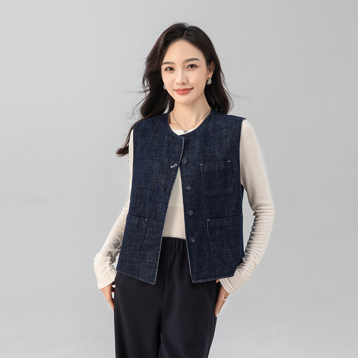 鑫阁复古工装牛仔马甲竖条纹撞色两面穿通勤显瘦百搭宽松无袖上衣