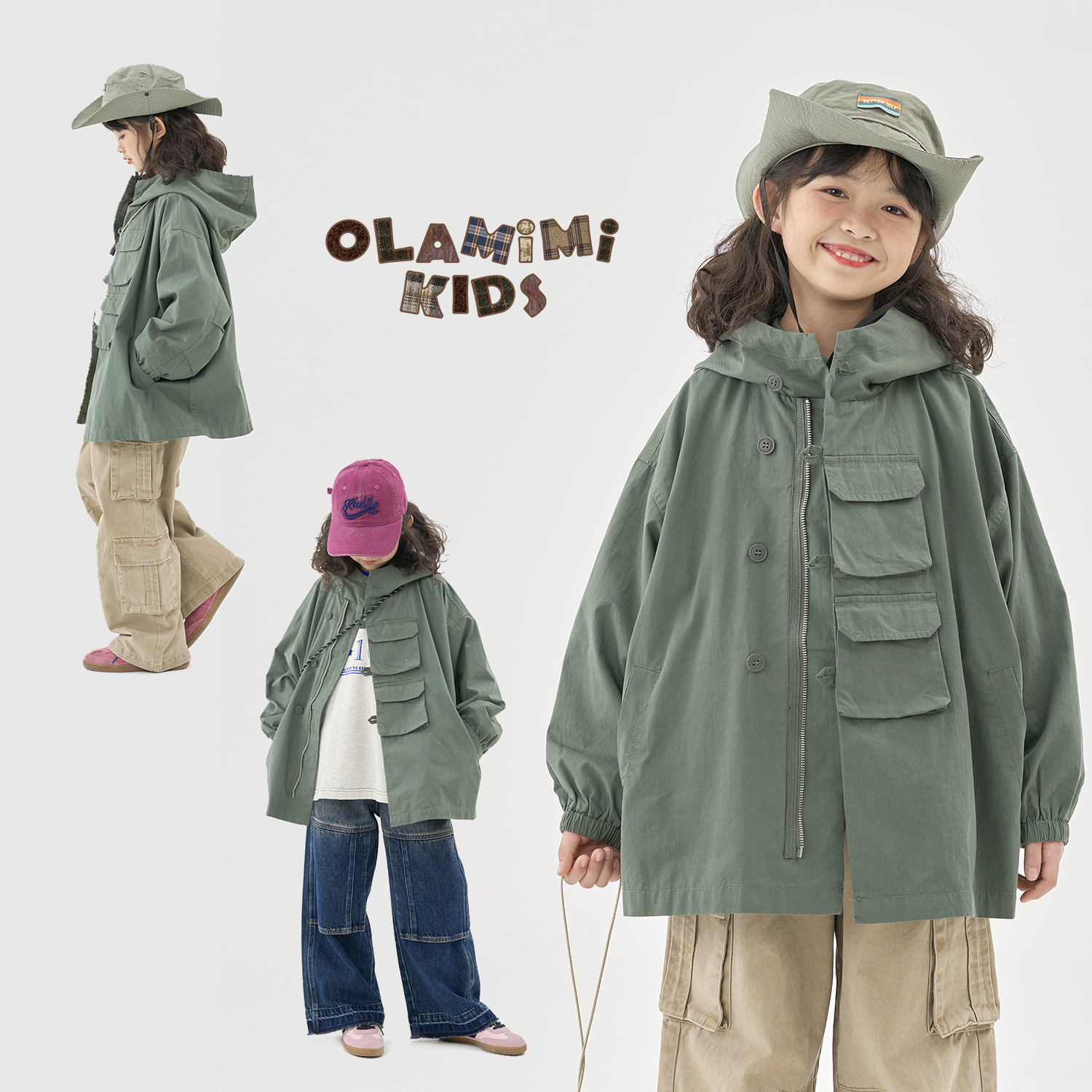 OLAMIMI春冲锋衣亲子中性连帽工装侧排扣宽松休闲户外风衣外套