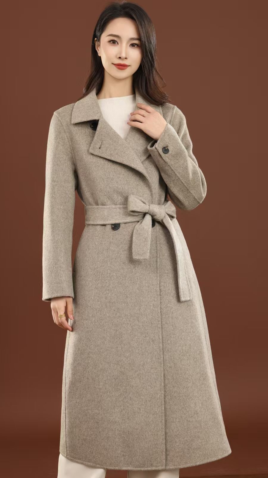女士羊毛大衣赫拉天后修身气质双排口翻领长款显瘦腰带款时尚