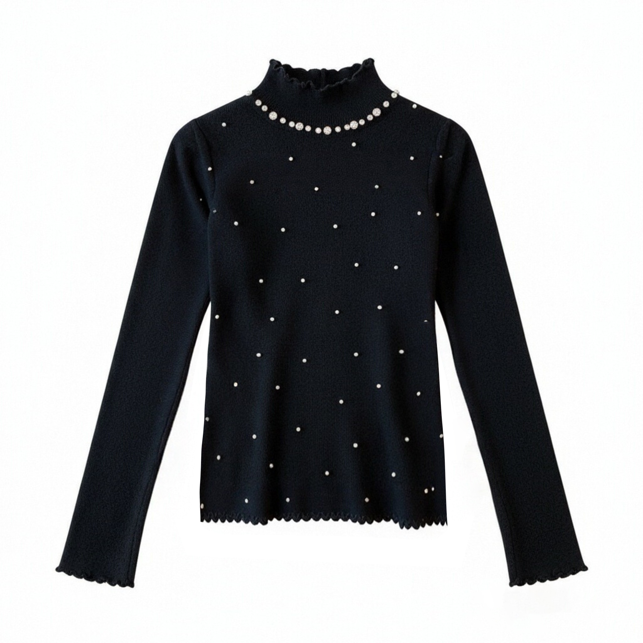 CacheCache木耳边半高领针织打底衫女2025冬新款重工钉珠毛衣上衣