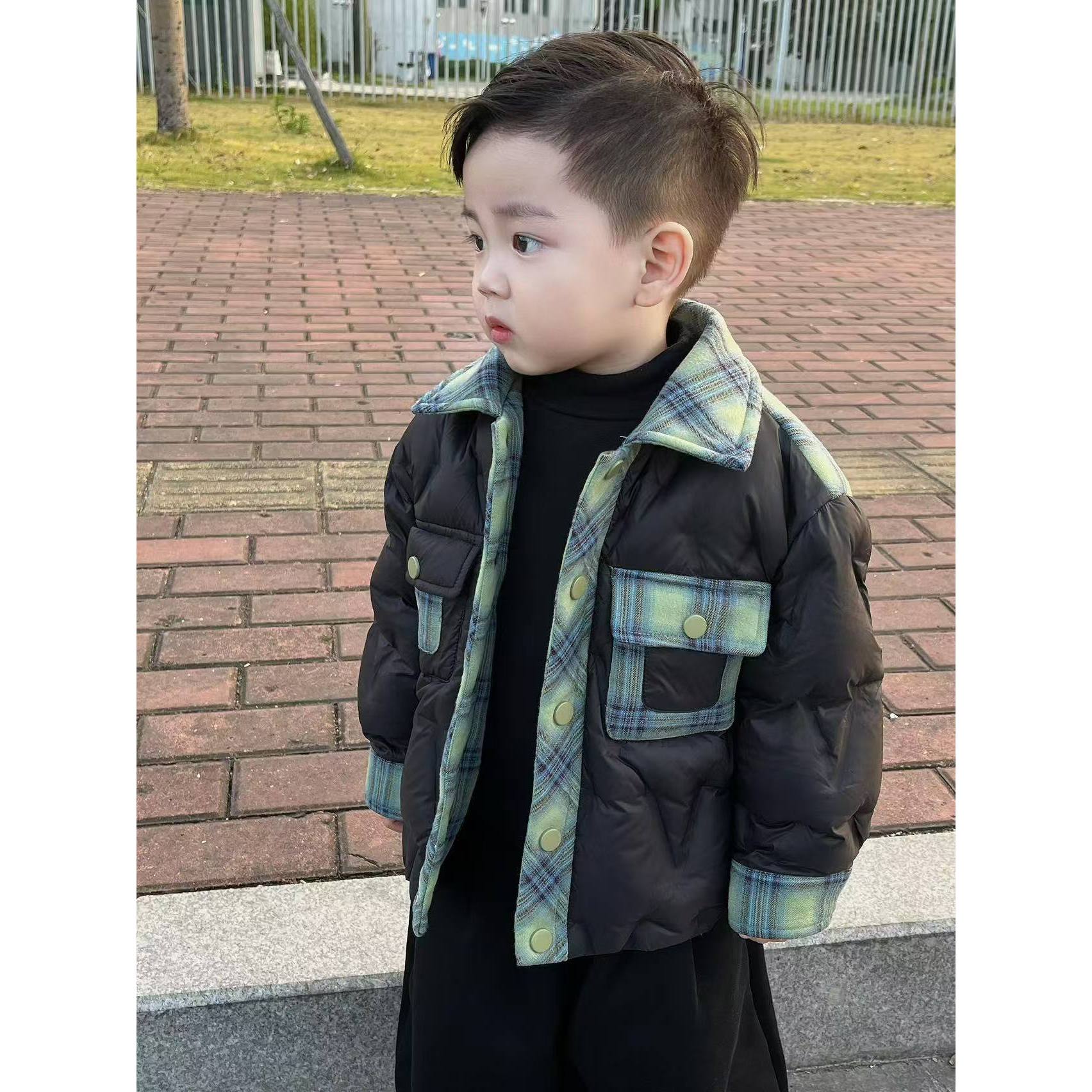 【现货】幂姐童装原创儿童冬季羽绒服男女童绿格拼接白鸭绒上衣外套