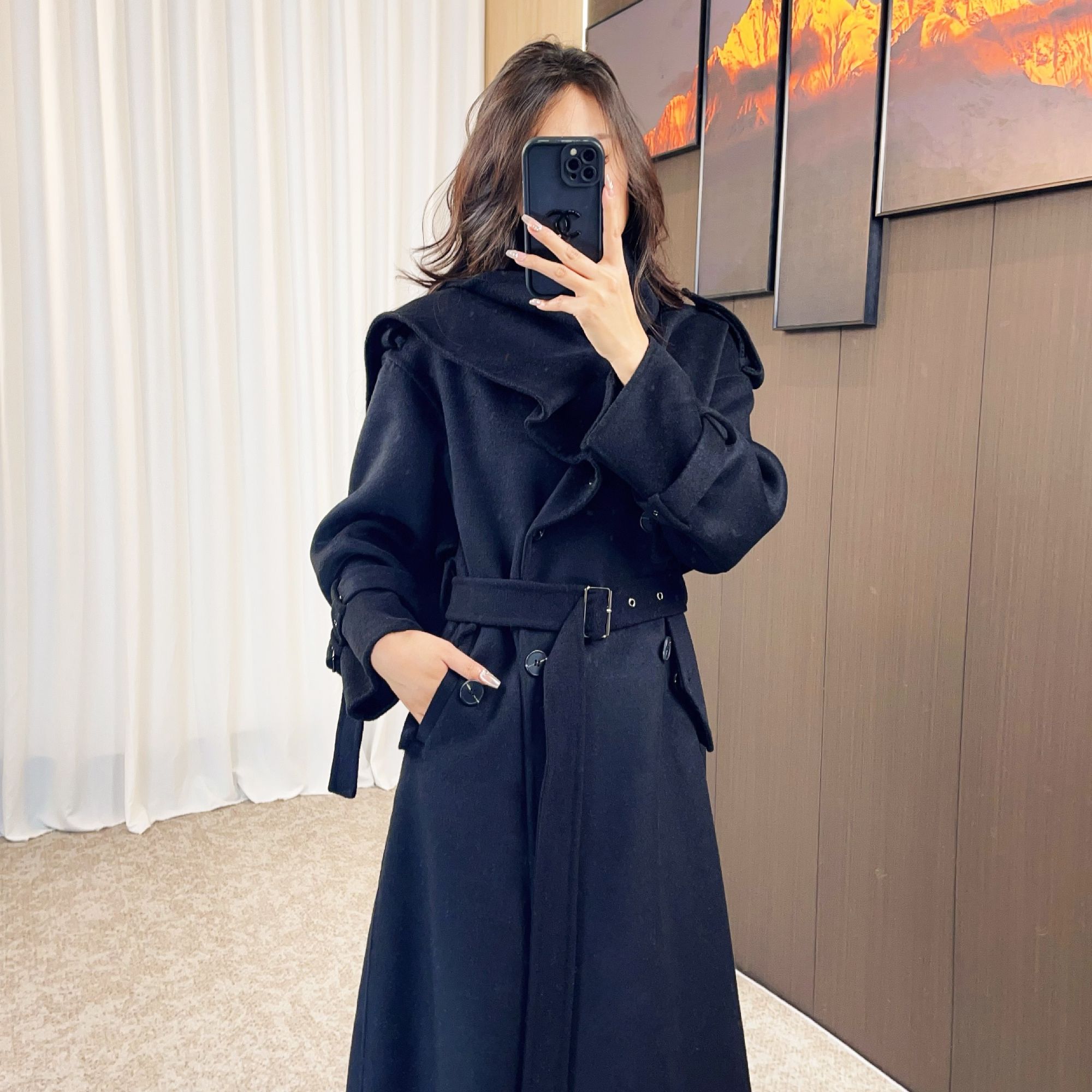 秋冬防风长款女宽松纯色毛呢外套网红中长款外套新款气质黑色双面