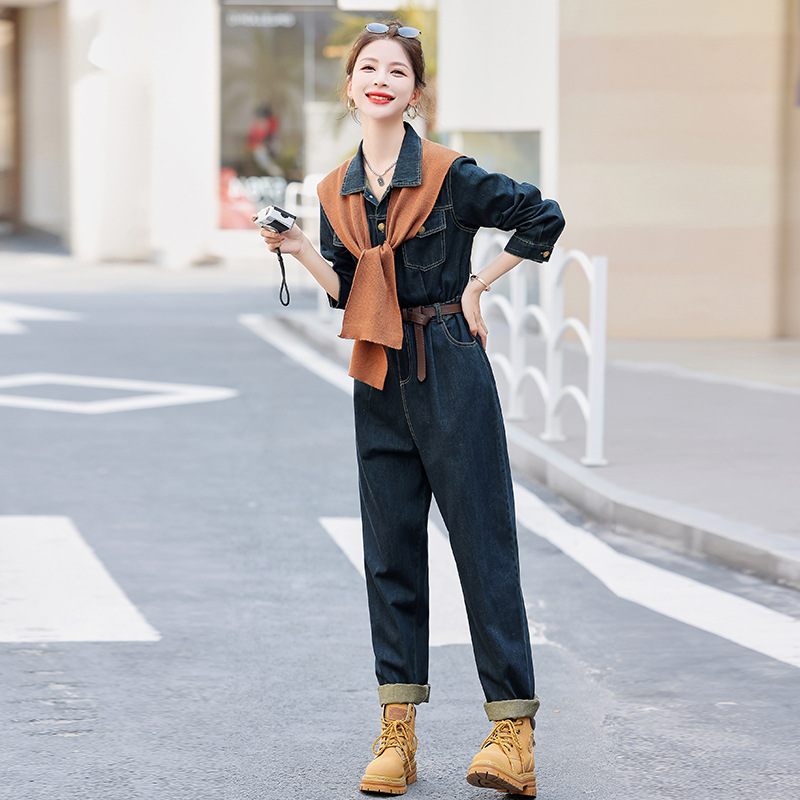 春季长袖牛仔连衣套装连体裤女2025年新款时尚小个子设计感显瘦