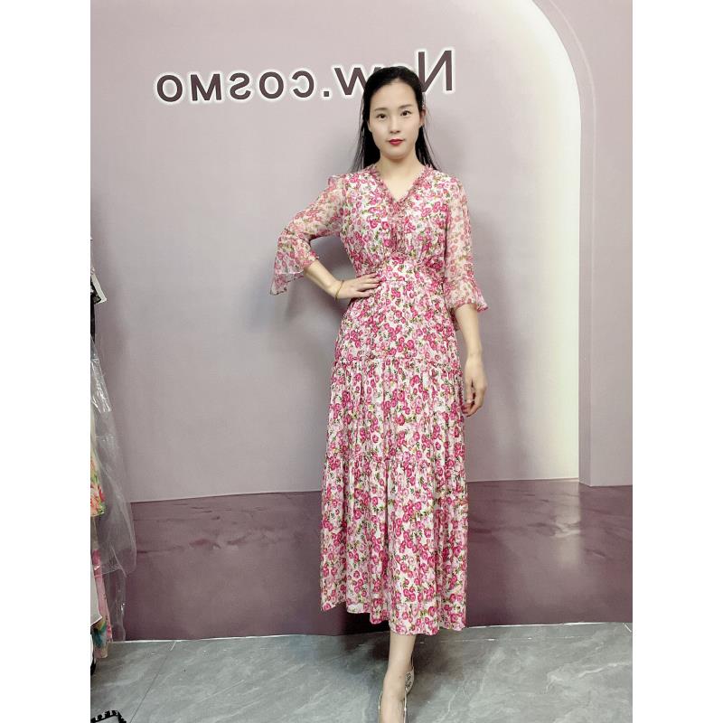 【深圳南油沐溪女装】新款夏季桑蚕丝法式碎花气质显瘦长款连衣裙