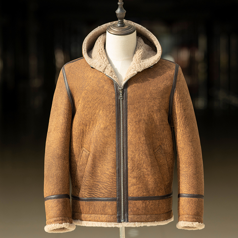 断码品质连帽原生态皮毛一体男真皮毛外套厚冬商务休闲夹克保暖厚