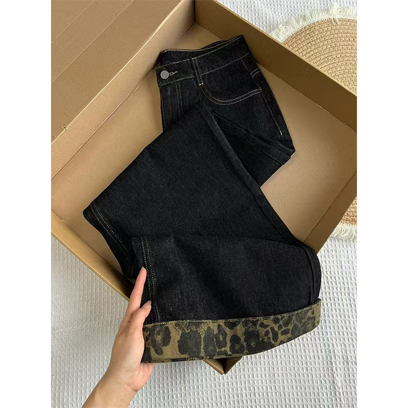 美式大码高腰水洗豹纹阔腿牛仔裤女2025春秋新款直筒拖地直筒裤