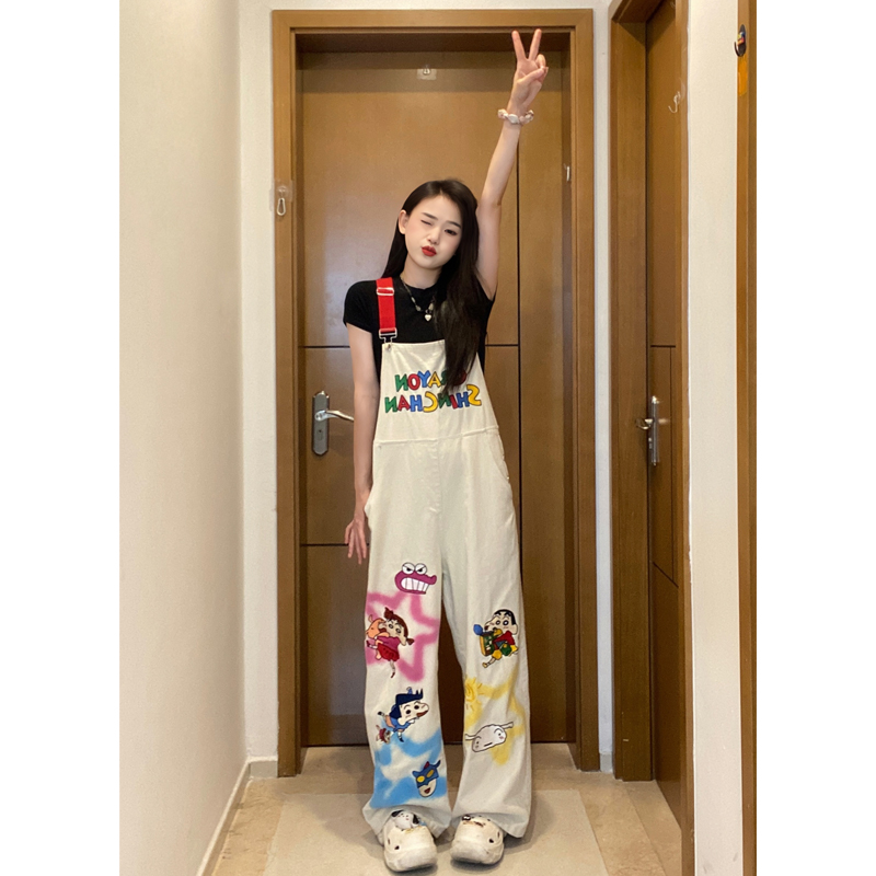 【白色小新】手绘喷漆 万针刺绣 背带裤