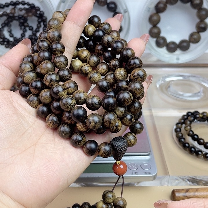 沉香手串为**士越南芽庄白奇玉化留疤嘤子虎斑