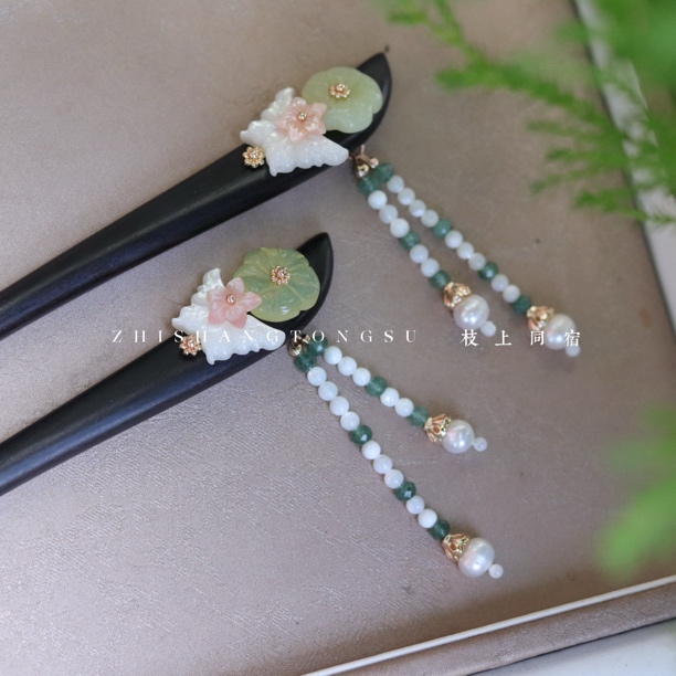 蝶恋花碟贝珍珠百搭日常经典旗袍汉服新中式黑檀木簪一支