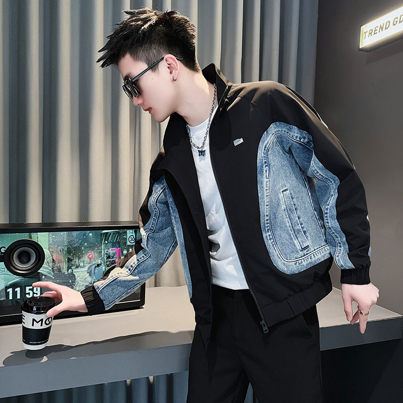 外套男款春秋季2025新款网红洋气炸街男装高级感牛仔拼接立领夹克