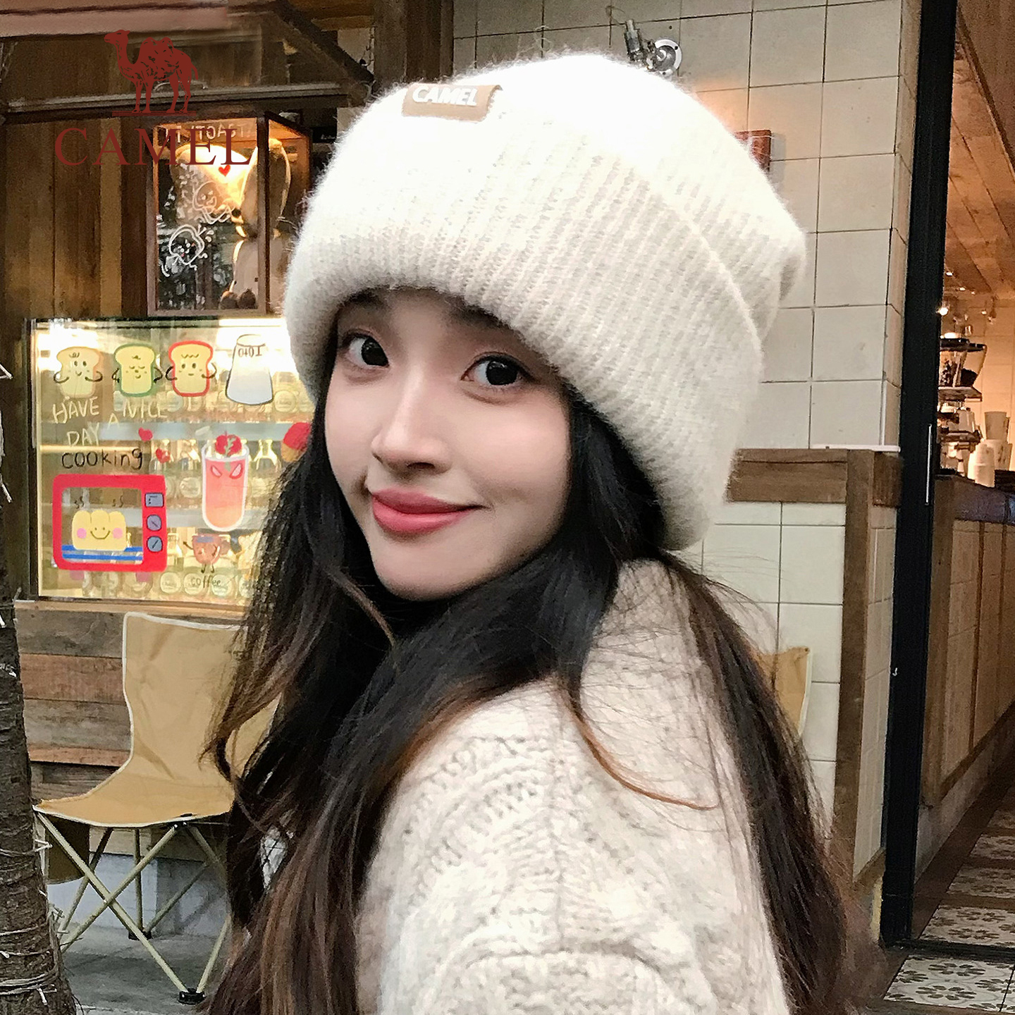 骆驼麻薯帽针织帽秋冬新款秋冬双层加厚保暖毛线帽女冷帽堆堆帽子