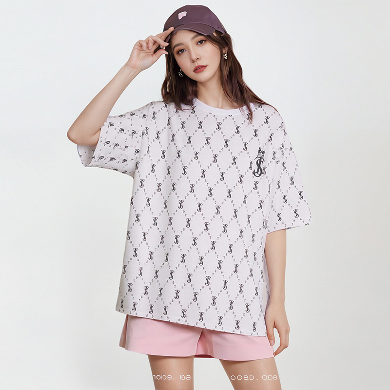 潮牌情侣款运动短袖衫2025夏新款男女纯棉宽松老花满印中长款T恤