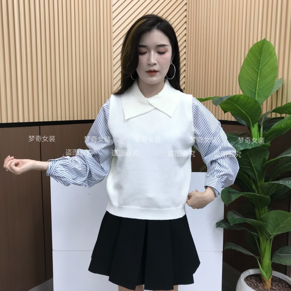 设计感针织拼接条纹长袖衬衫秋季2025新款针织洋气韩版假两件上衣