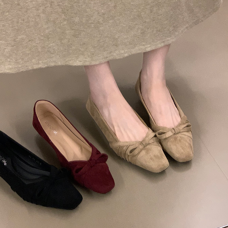 复古绒面粗跟一脚蹬女鞋红色显白秋季新款蝴蝶结通勤单鞋