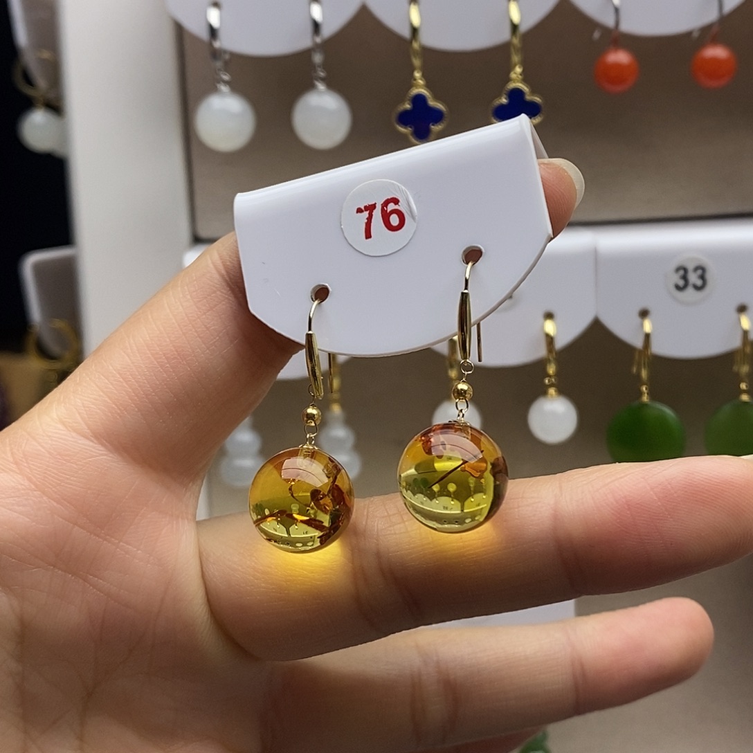 琥珀（花珀）18K金镶嵌耳饰