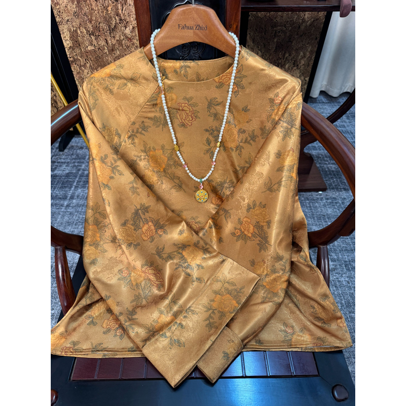 【秋花】长袖新中式老料夏季常规款斜襟植物花卉复古薄款