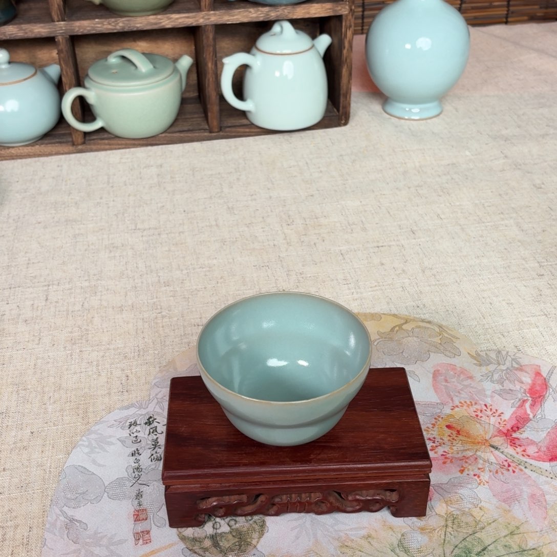 陶摆件仿古天青葫芦杯微瑕