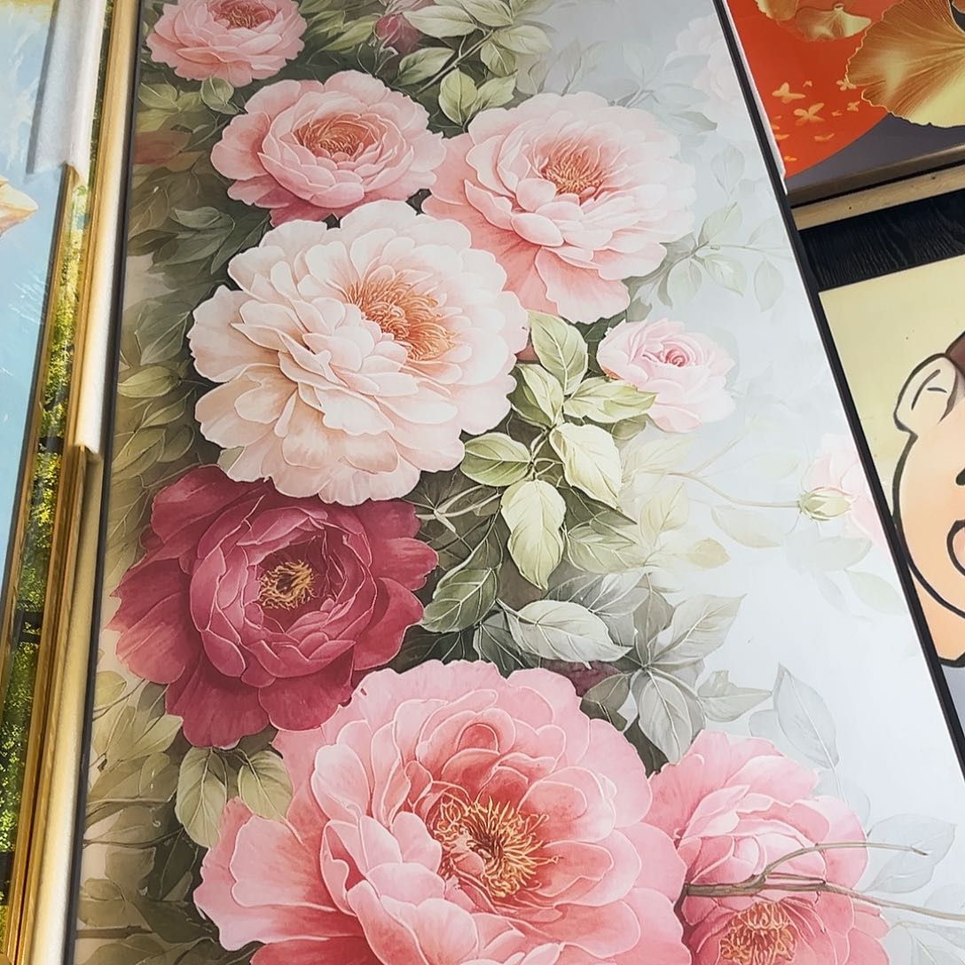 横款90*220花开富贵黑框布纹面