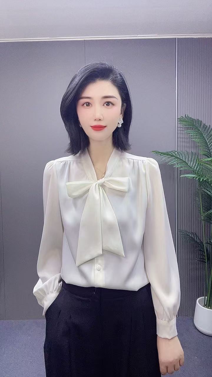法式春季时尚气质蝴蝶结小衫蝴蝶衬衫纽扣纯色长袖女士